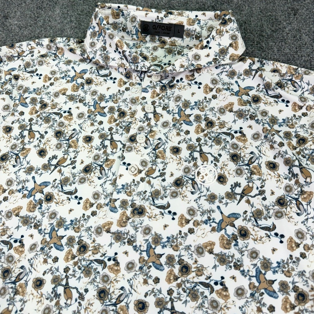 G/FORE Polo Shirt Men's Large Oak Floral‎ Bird Cutaway Collar NGL Logo Golf
